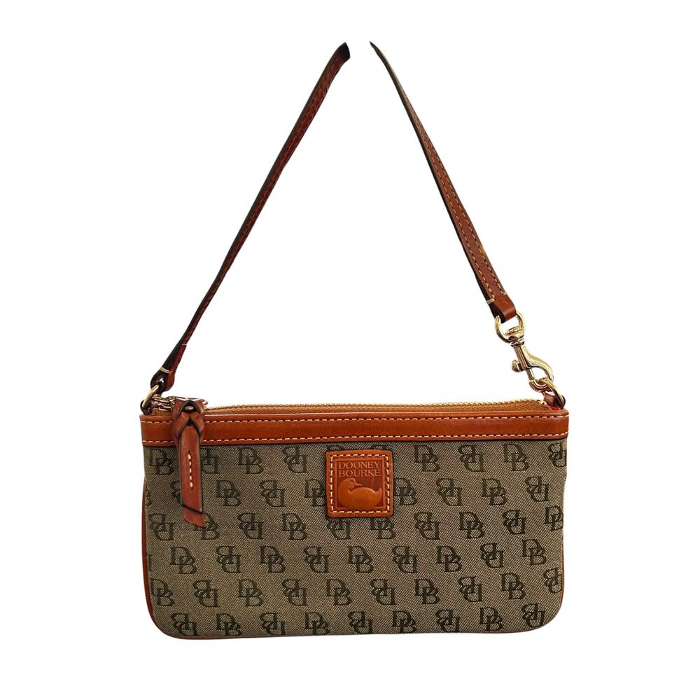 Dooney & Bourke Signature DB Logo Canvas Wristlet Clutch Brown Tan Zip Top